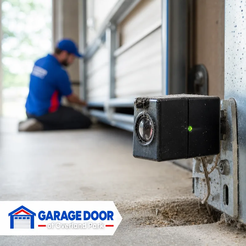 Close-up of a slightly dirty and misaligned garage door safety photo-eye sensor near the floor