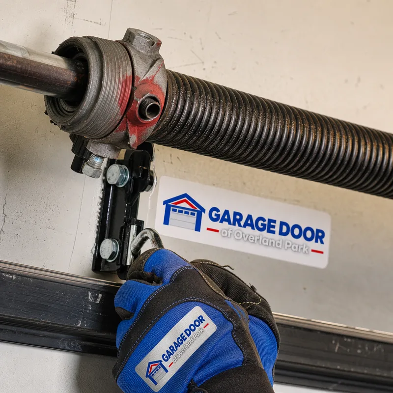 Close-up of a torsion spring and winding cone above a garage door showing the hardware layout for inspection