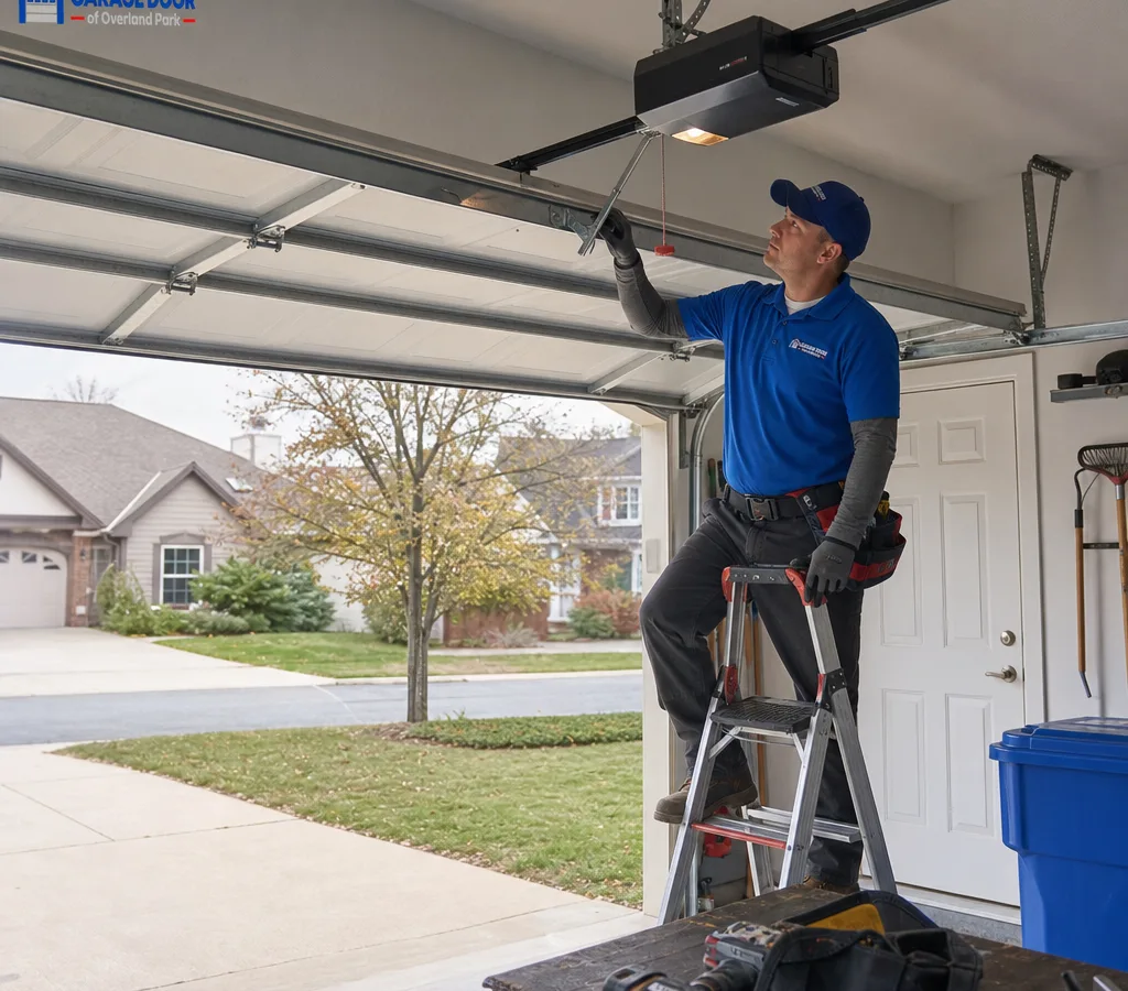 Residential garage door with a contractor inspecting the door and opener area from inside the garage