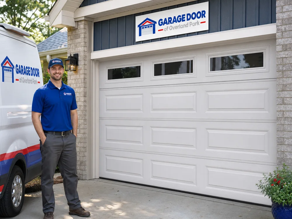 Finished residential garage door with even jamb gaps and a tight bottom seal against the floor