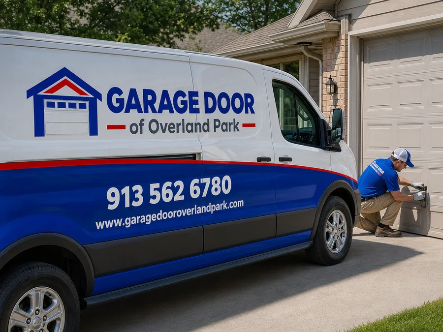 Contractor inspecting photo-eye sensors beside a closed residential garage door